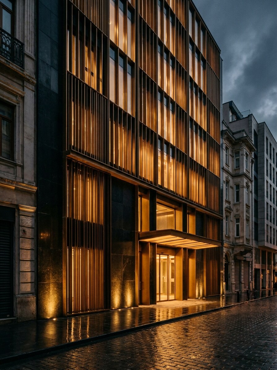 Atlas Plaza Dönüşümü: gece aydınlatmalı ofis cephesi
